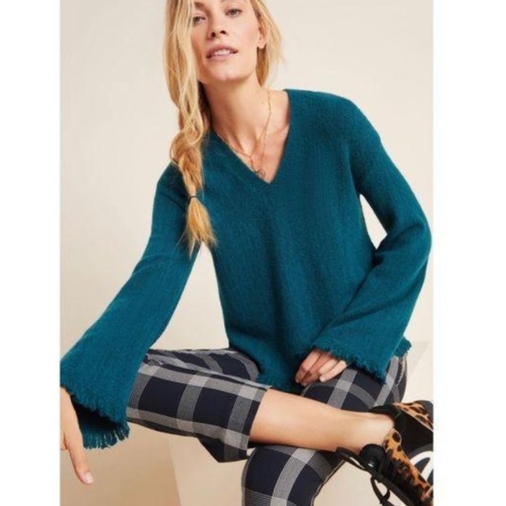 By Anthropologie Joy Fringed Wool V-Neck Sweater